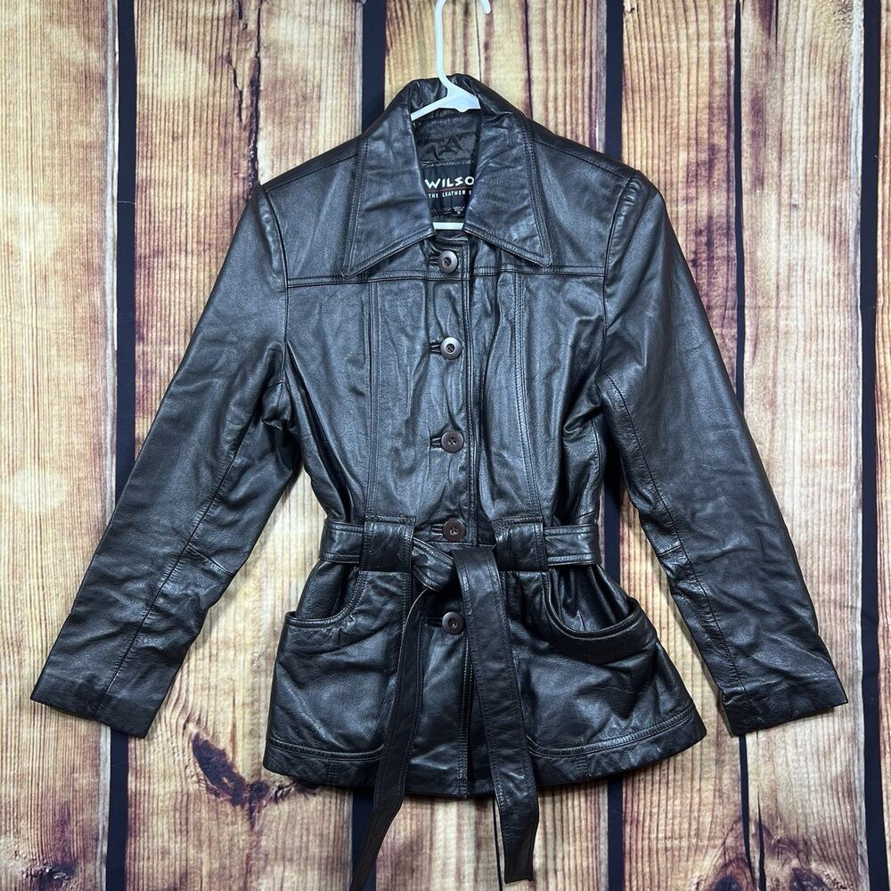 Wilsons Leather Womens S Brown Genuine Leather Belted Trench Coat Y2K Mid Length